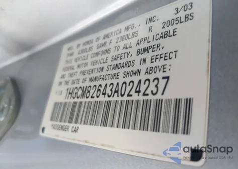 2003 Honda Accord 3.0 Ex из США, поврежденный, VIN 1HGCM82643A024237